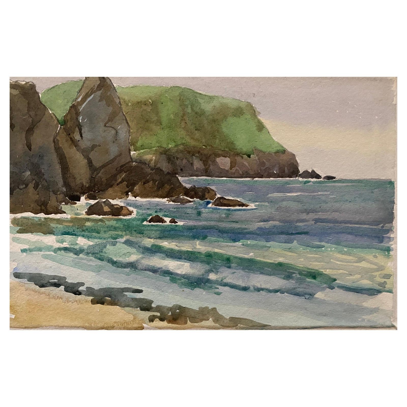 Unknown1900's English Impressionist Watercolor Painting Vibrant Sea Shorecirca 1900s