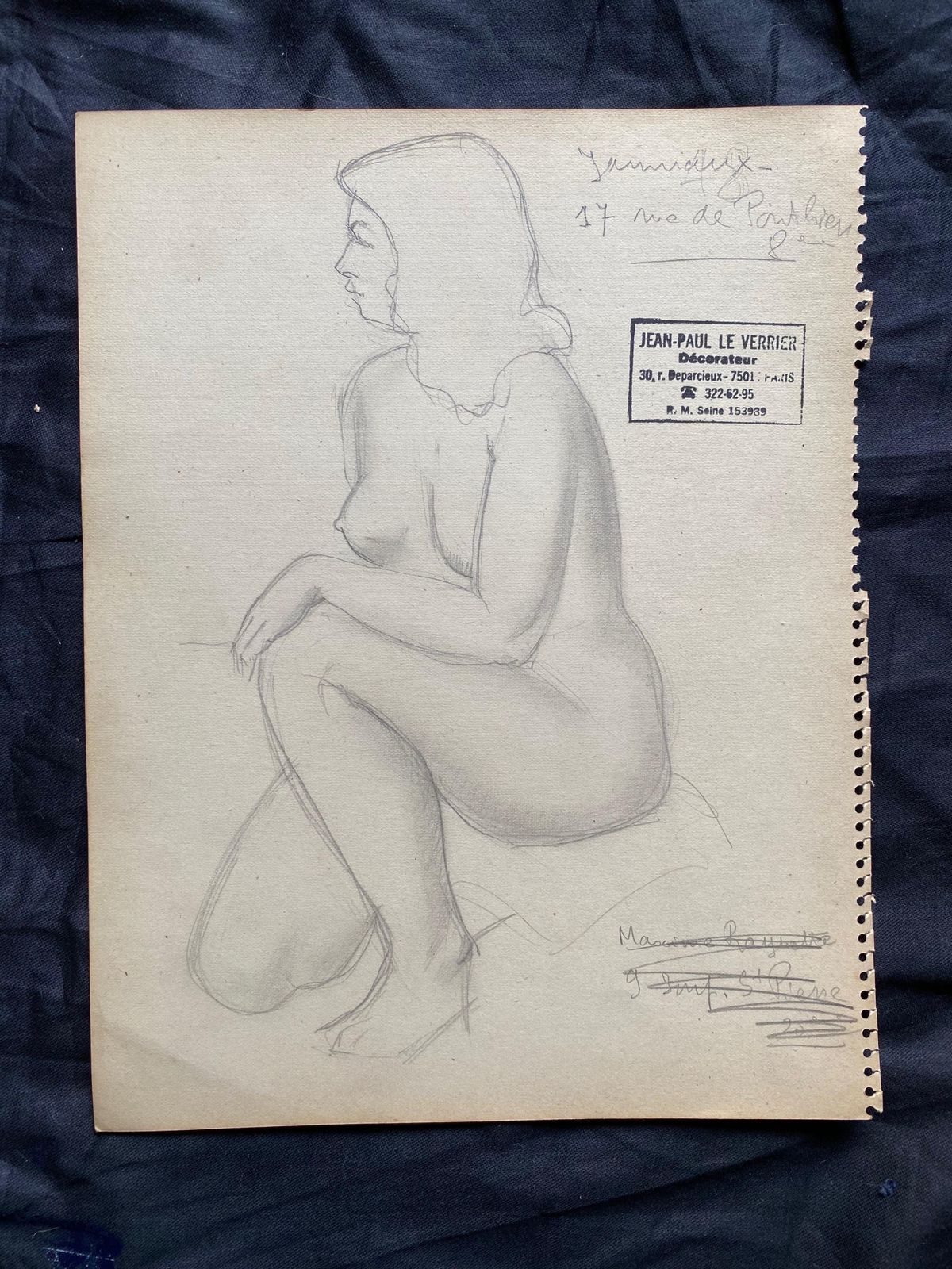 Unknownmid 20th Century, French, Original Line Drawing Sketch Nude Lady, Stampedmid 20th Century photo furniture