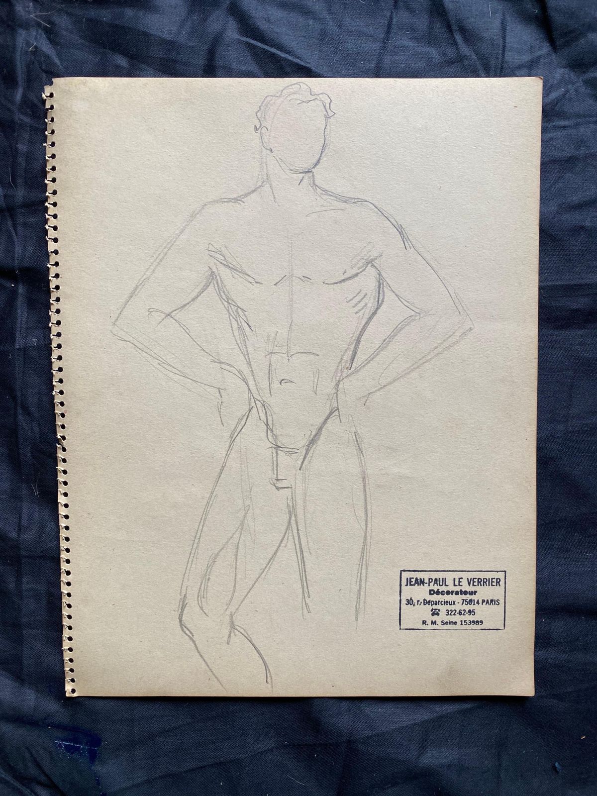 Unknownmid 20th Century French Original Line Drawing Sketch Nude Male   Stampedmid 20th Century photo furniture