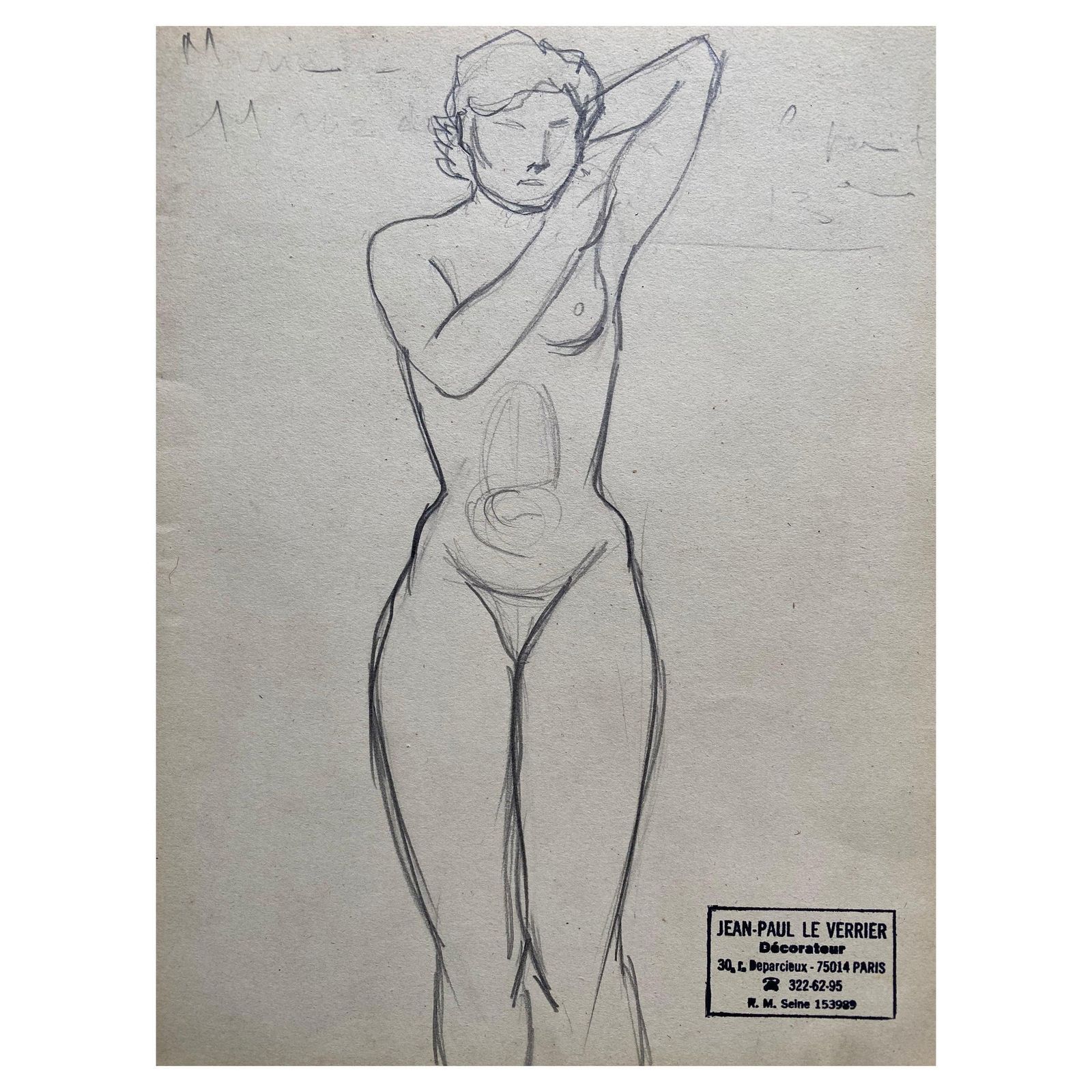 Unknownmid 20th Century French Original Line Drawing Sketch Nude Lady   Stampedmid 20th Century