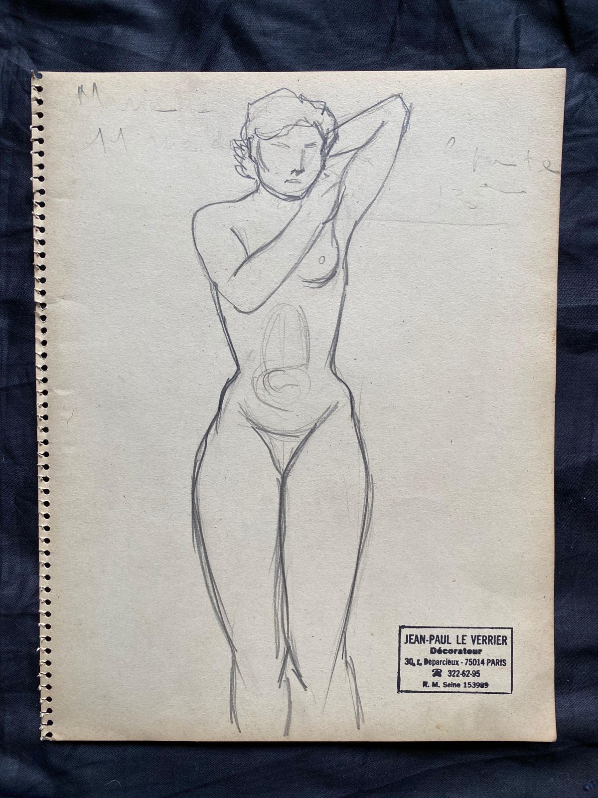 Unknownmid 20th Century French Original Line Drawing Sketch Nude Lady   Stampedmid 20th Century photo furniture