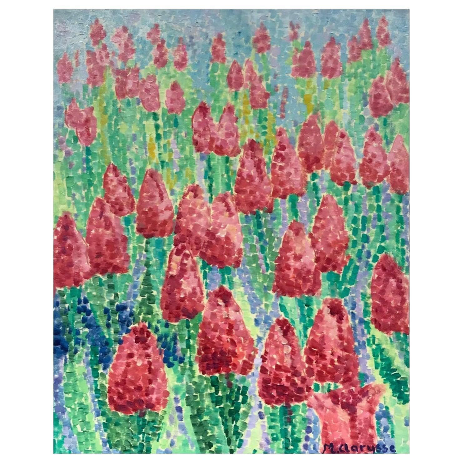 Unknownbright & Colorful French Pointillist Oil Painting   Field Of Pink Tulips2000