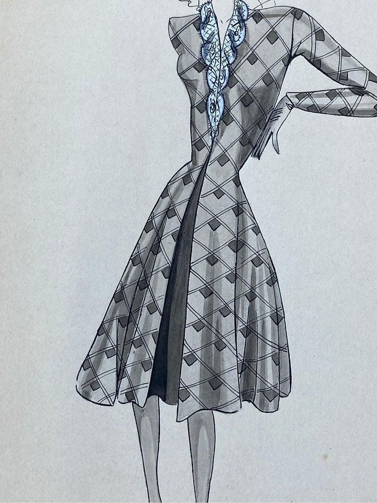 Unknown1940's French Fashion Illustration, Chic Lady In Blue Detailed Dresscirca 1940s photo furniture