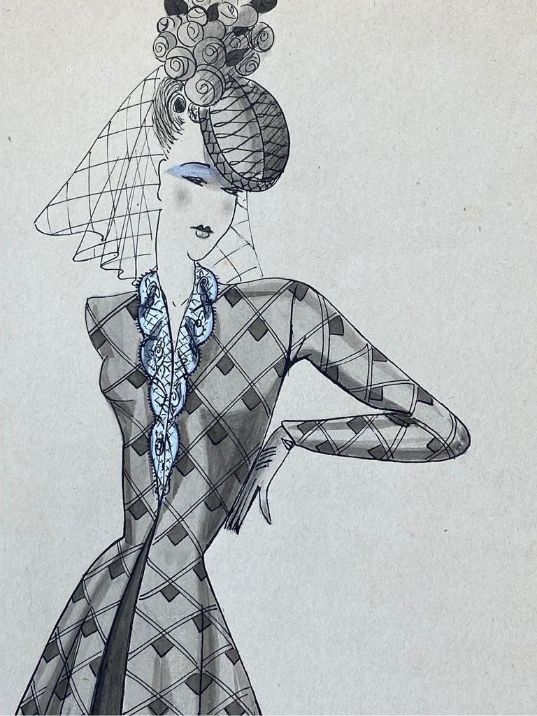 Unknown1940's French Fashion Illustration, Chic Lady In Blue Detailed Dresscirca 1940s photo 137.0