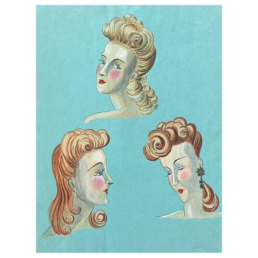 Unknown1940's French Fashion Illustration, Elegant Three Women Face Portraitscirca 1940s