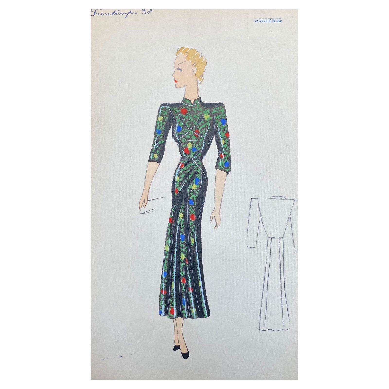 Unknown1930's Original Parisian Fashion Illustration Watercolor Black Oriental Dresscirca 1930s