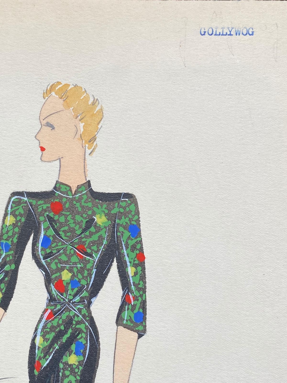 Unknown1930's Original Parisian Fashion Illustration Watercolor Black Oriental Dresscirca 1930s photo buy