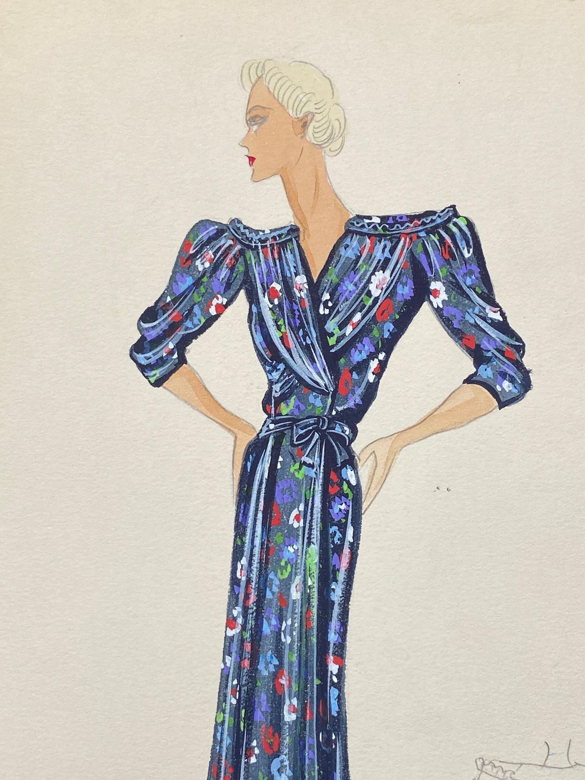 Unknown1930's Original Parisian Fashion Watercolor Blue Floral Summer Dresscirca 1930s photo furniture