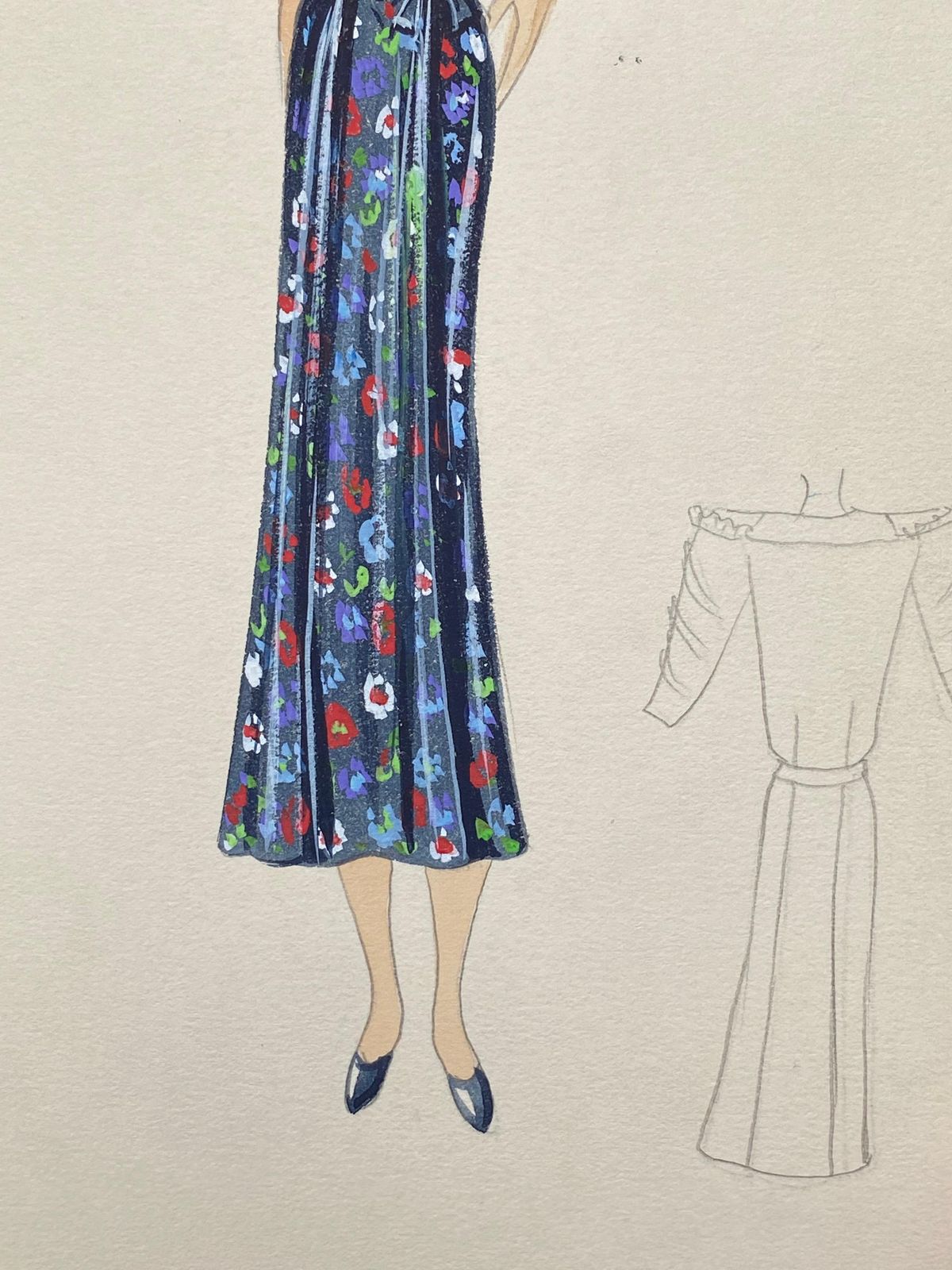 Unknown1930's Original Parisian Fashion Watercolor Blue Floral Summer Dresscirca 1930s photo for sale