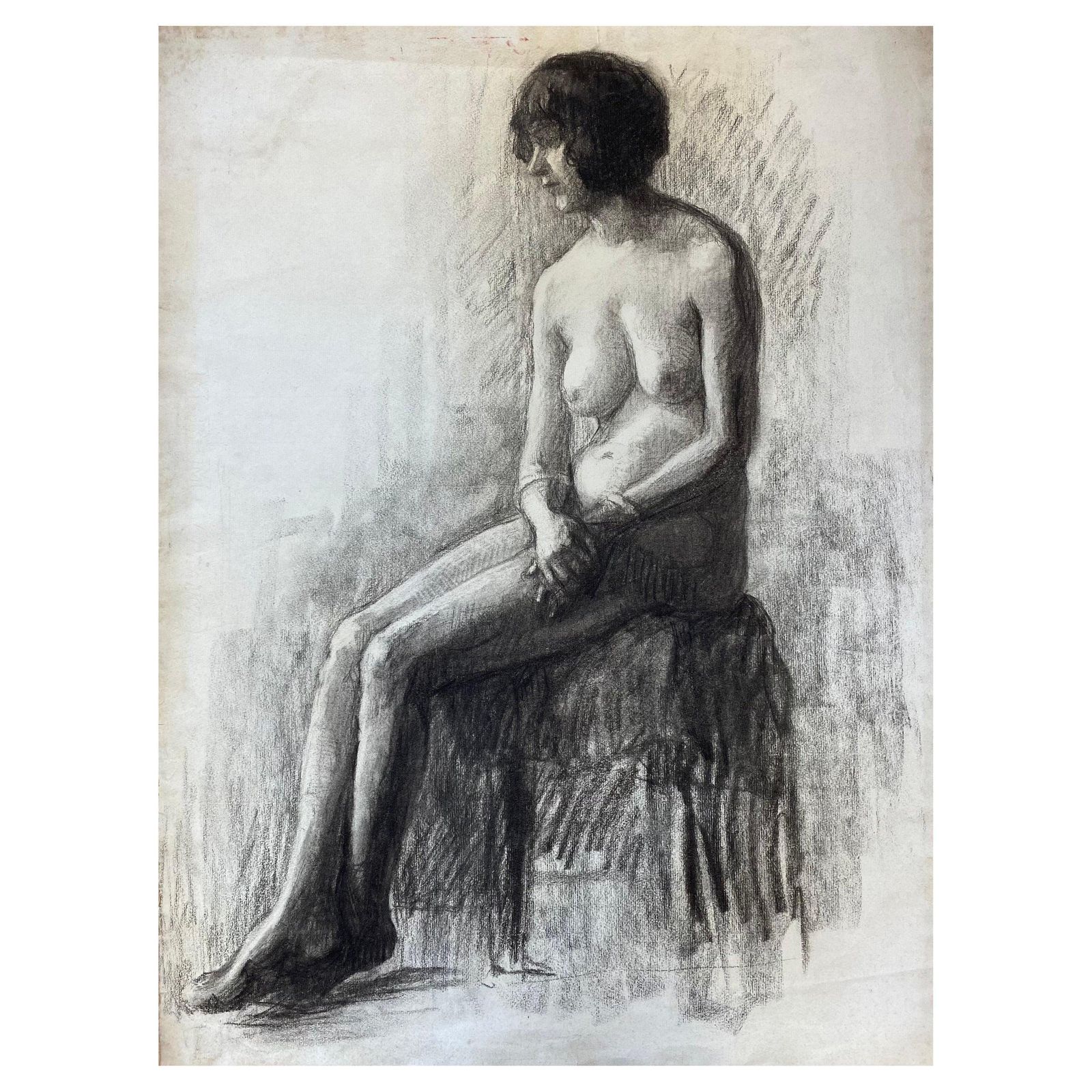 Unknown1920's French Charcoal Sketch Of Seated Nude Lady The Artists Model1920s