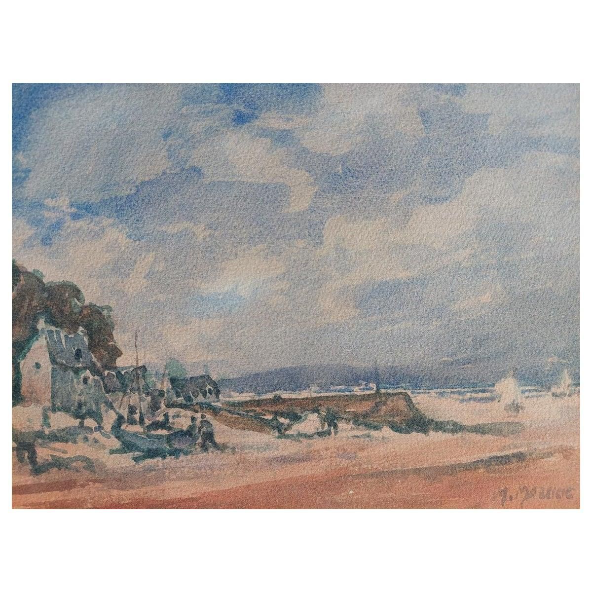 Unknownfrench Modernist Cubist Painting Fishing Boats On The Coast20th Century