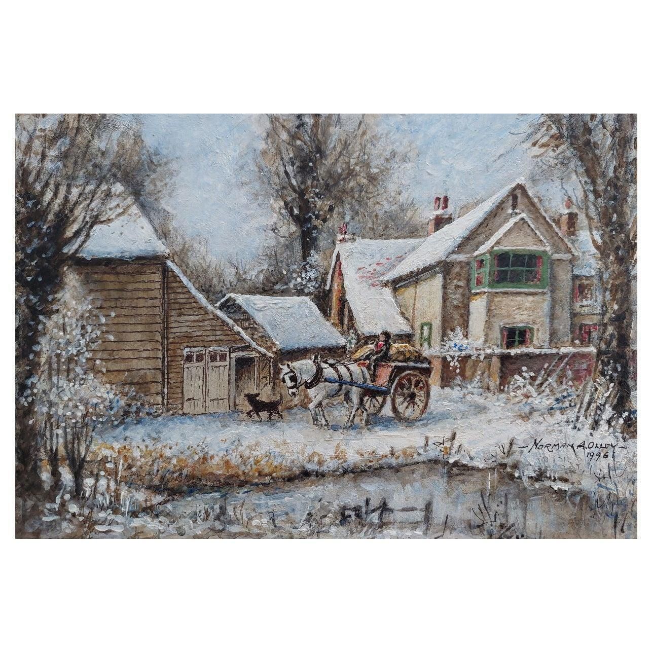 English  Schooltraditional English Painting Winter Morning Surrey Farm England Horse & Cart20th Century