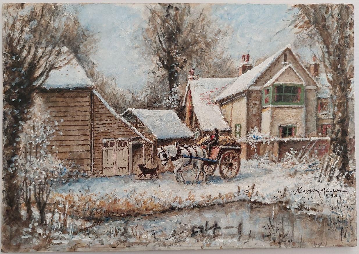 English  Schooltraditional English Painting Winter Morning Surrey Farm England Horse & Cart20th Century photo furniture