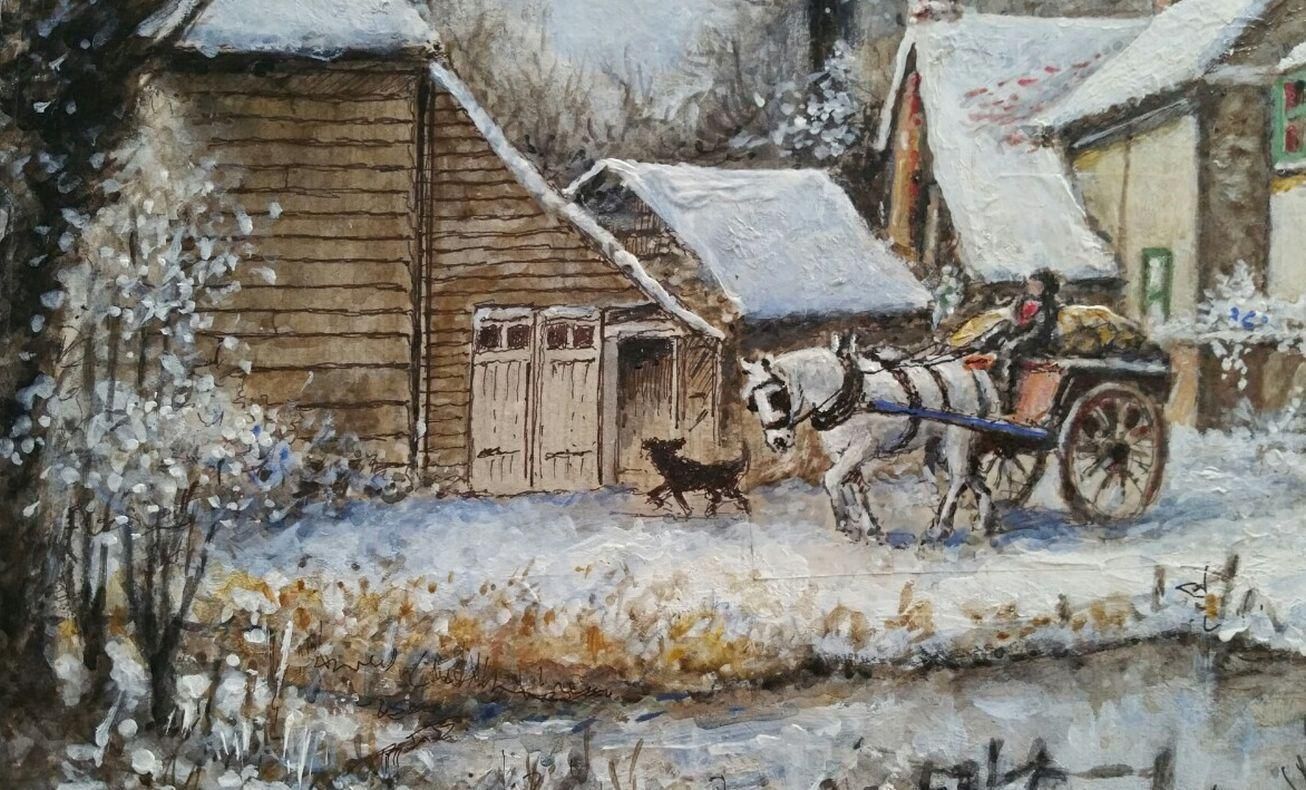 English  Schooltraditional English Painting Winter Morning Surrey Farm England Horse & Cart20th Century photo vinterior