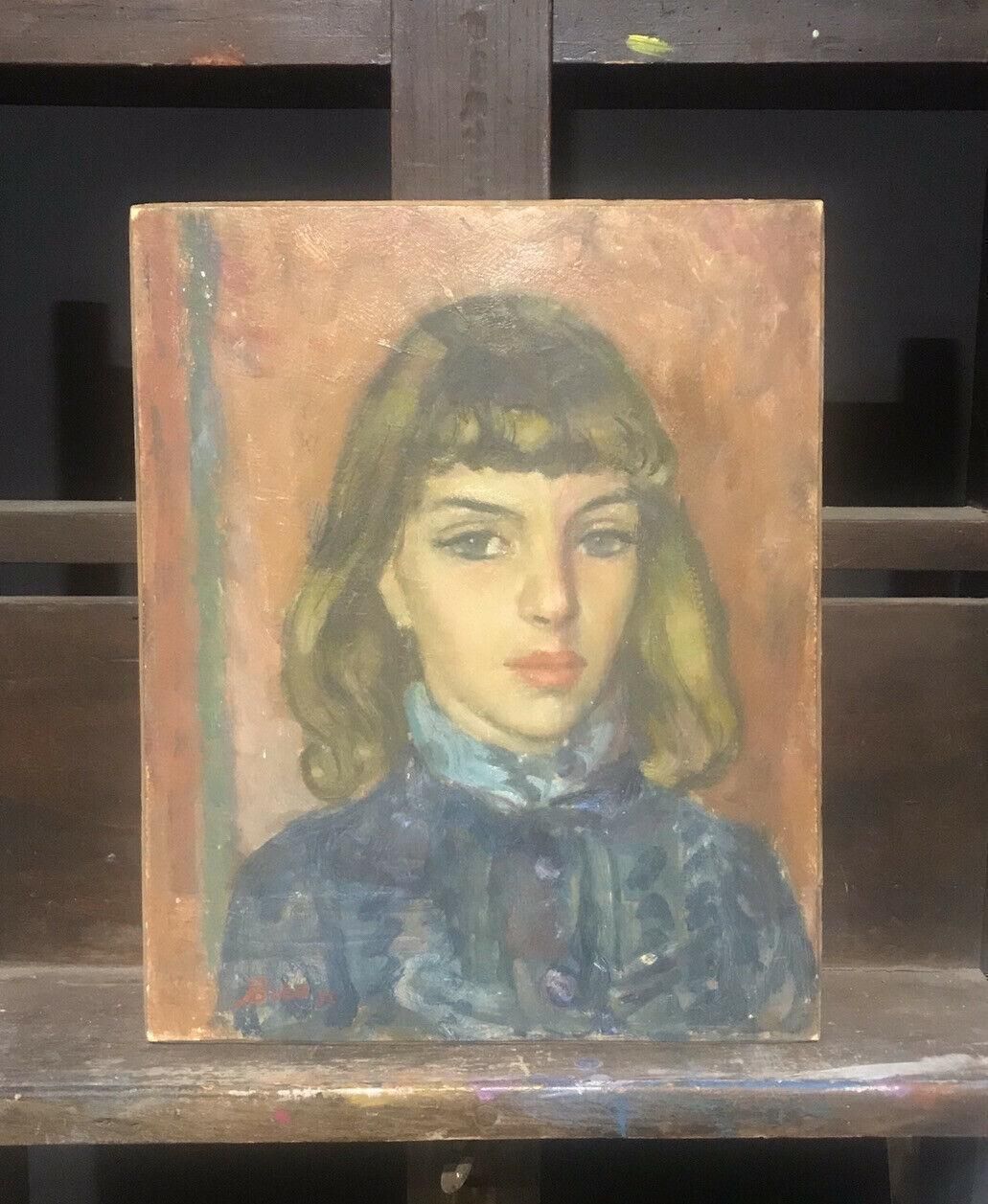 Akos Biroakos Biro French Expressionist Oil   Portrait Young Ladycirca 1950s photo furniture