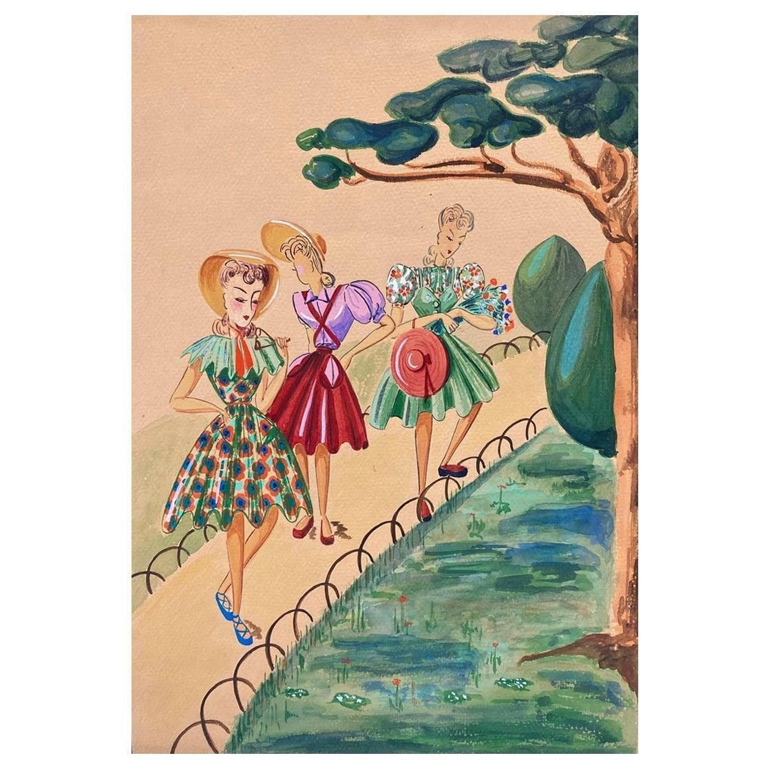 Unknown1940's Fashion Illustration, Three Elegant Women Walking Through The Parkcirca 1940s