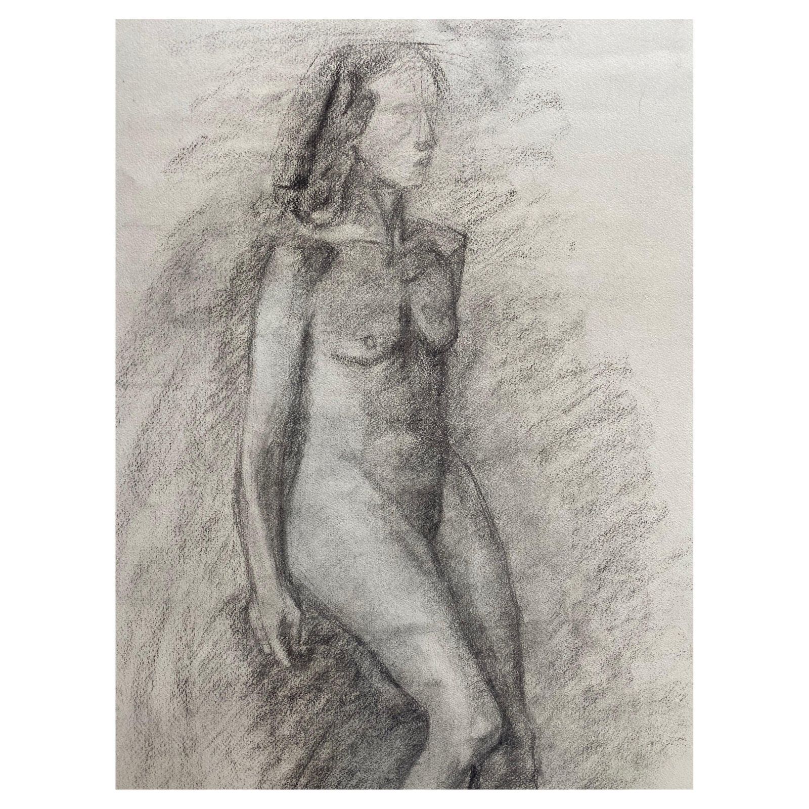 Unknownmid 20th Century French Charcoal Drawing, Portrait Of A Standing Nude Womencirca 1950s
