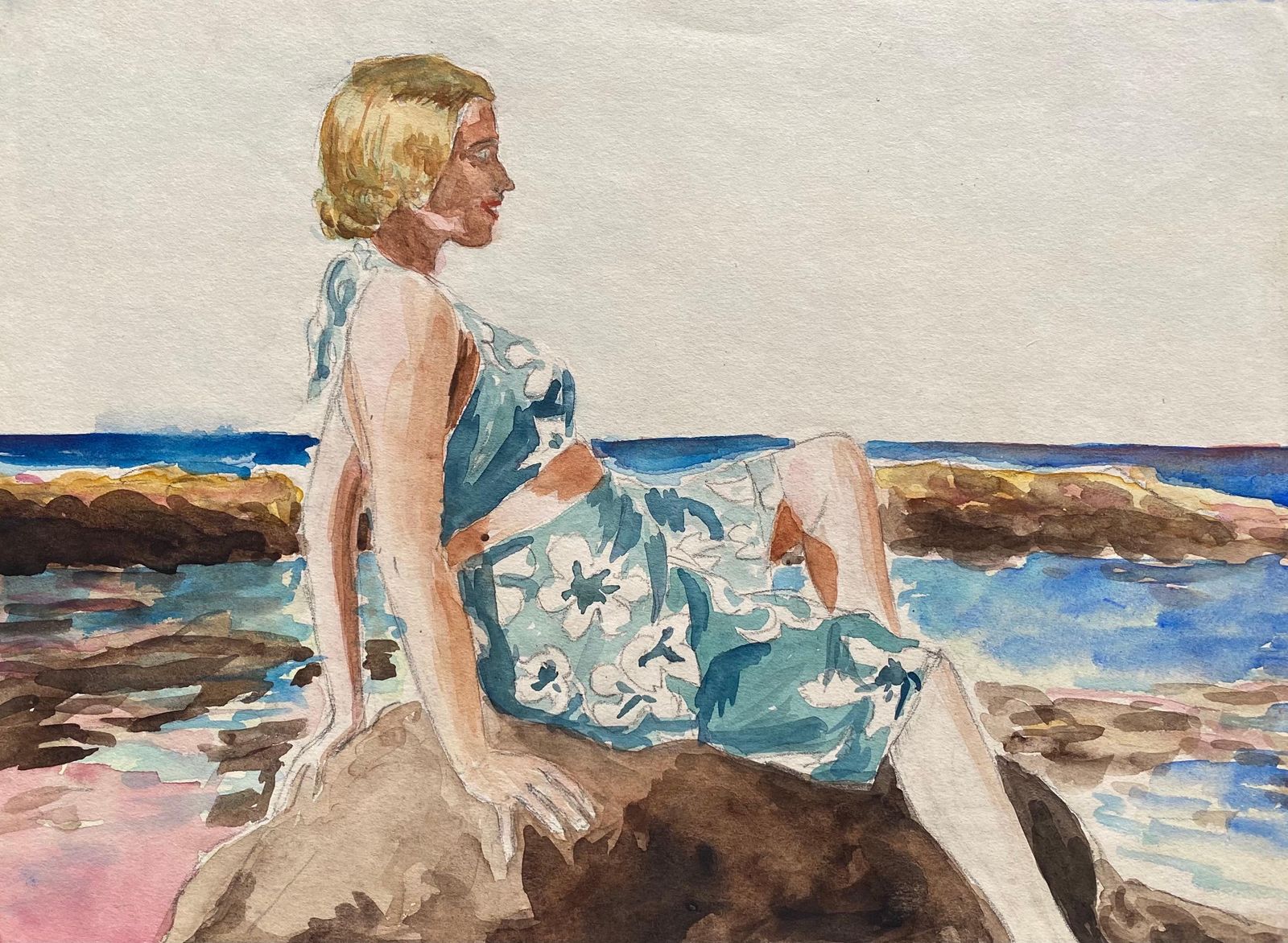 Unknown1930's French Impressionist Painting, Young Girl In Blue Dress Rocky Coast Seacirca 1930s photo furniture