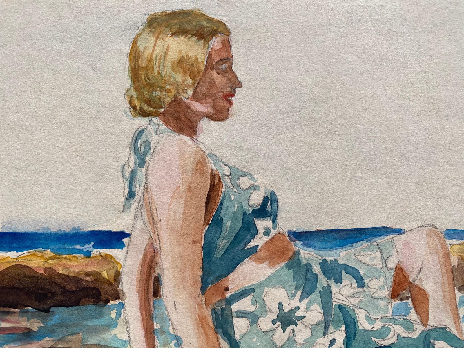 Unknown1930's French Impressionist Painting, Young Girl In Blue Dress Rocky Coast Seacirca 1930s photo for sale