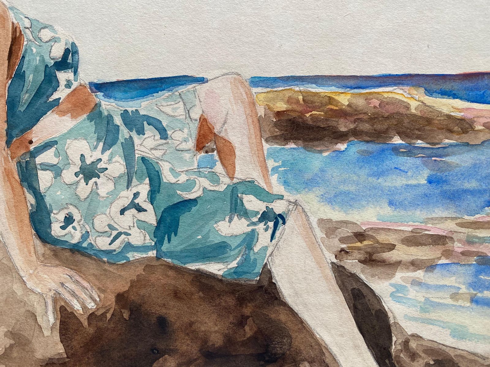Unknown1930's French Impressionist Painting, Young Girl In Blue Dress Rocky Coast Seacirca 1930s photo 504.0