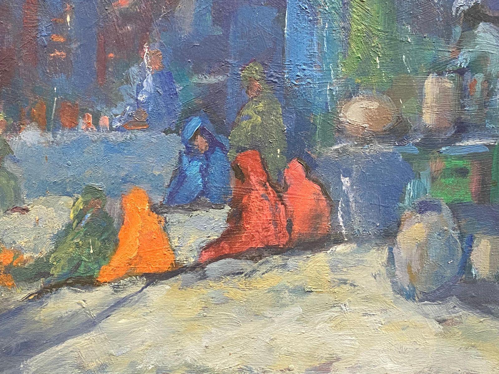 Unknown1970's Impressionist Oil Painting, Mount Abu Market Busy Figurative Scene20th Century photo vinterior