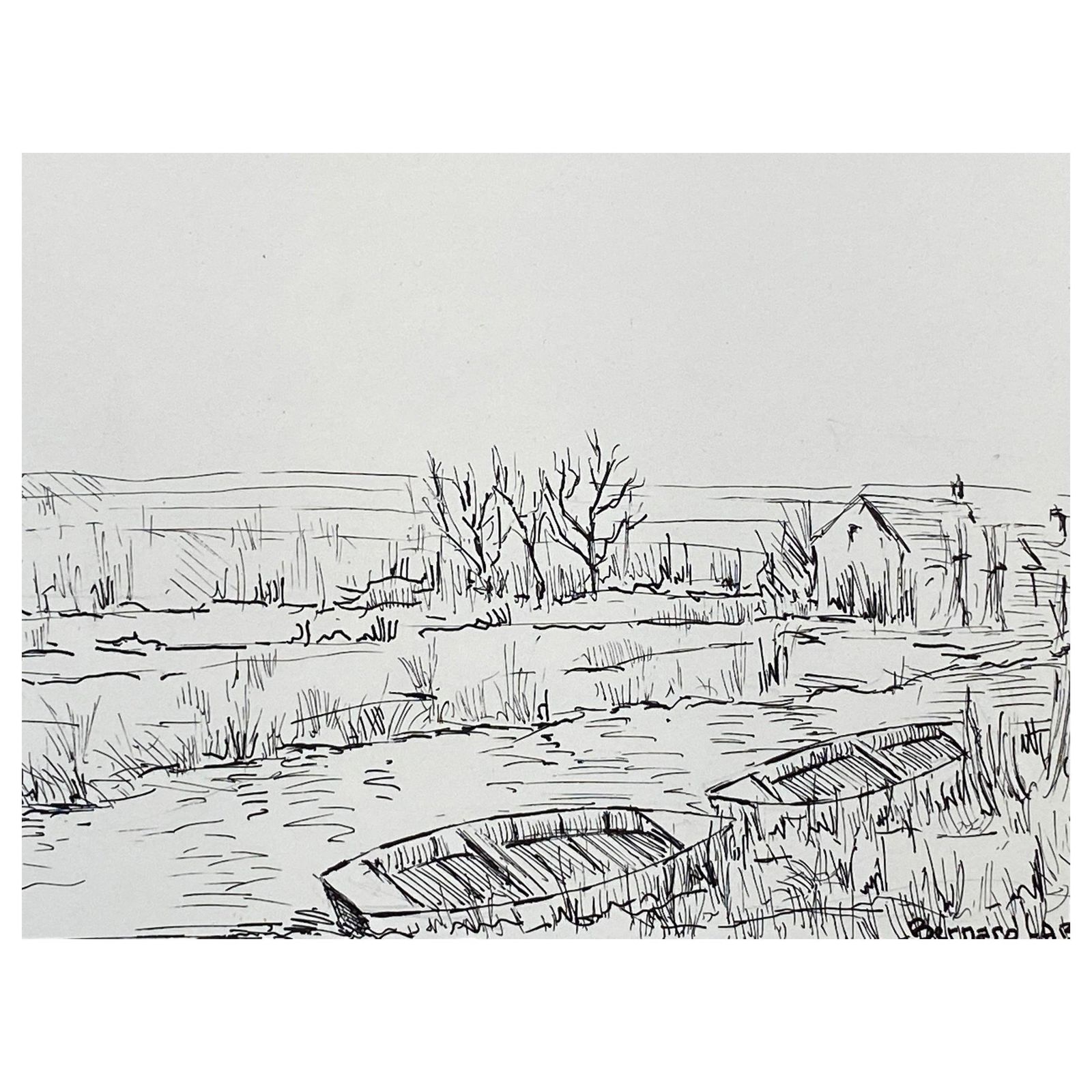 Unknown1950's French Modernist/ Cubist Painting, Boats On The River1950