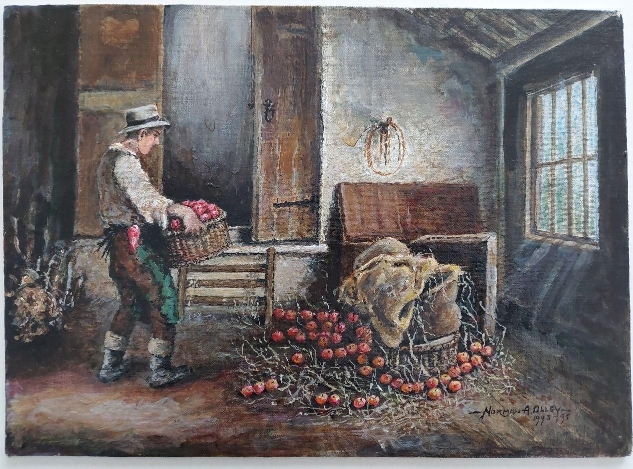 English  Schooltraditional English Painting Farmer Storing Apples In Higham Oast House, Kent20th Century photo furniture