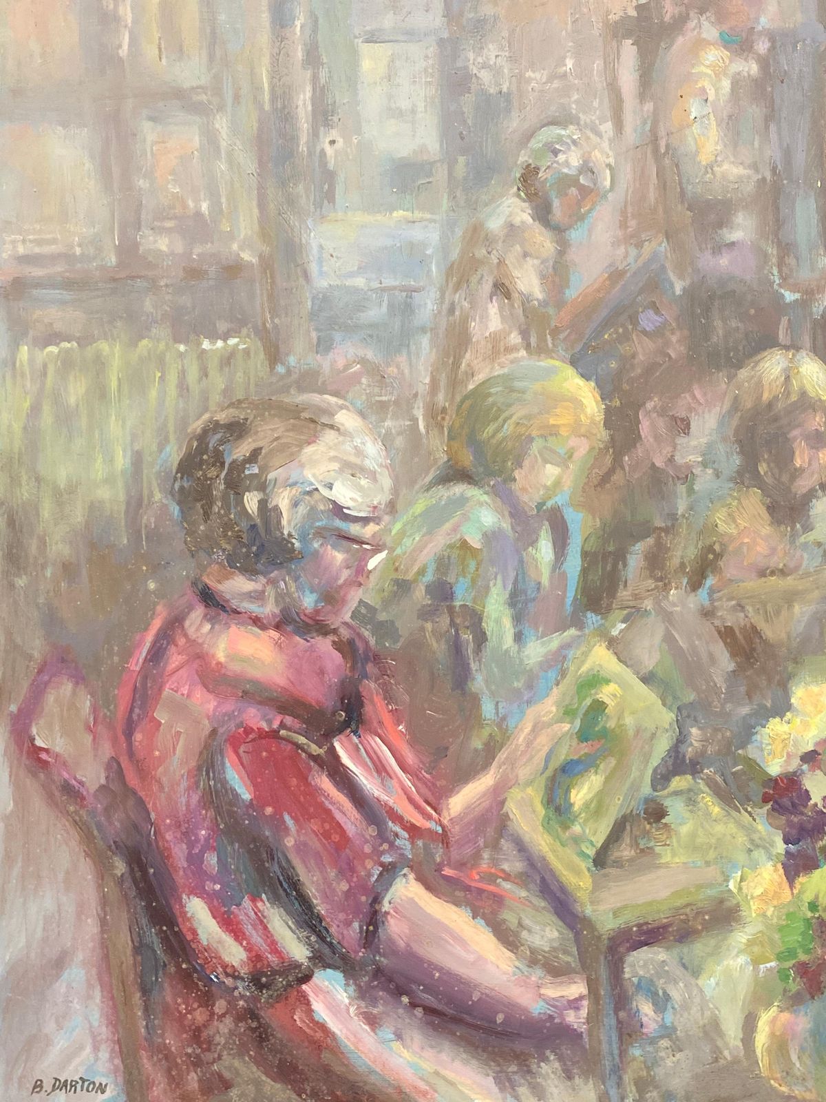 Unknownsigned Large 1960's British Original Oil Painting, Figures Readingcirca 1960s photo furniture