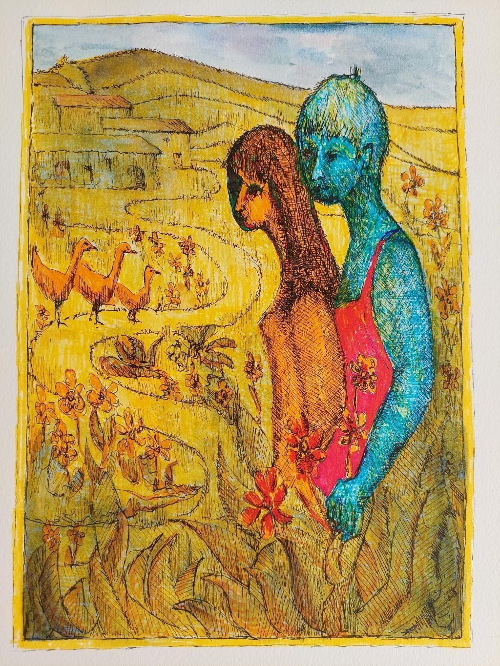 Bernard Labbe20th Century French Modernist Painting, Figures And Geese, Labbe20th Century photo buy