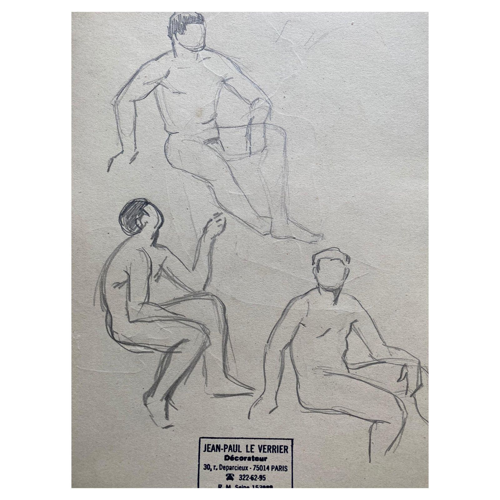 Unknownmid 20th Century French Original Line Drawing Sketch Nude Men  Stampedmid 20th Century