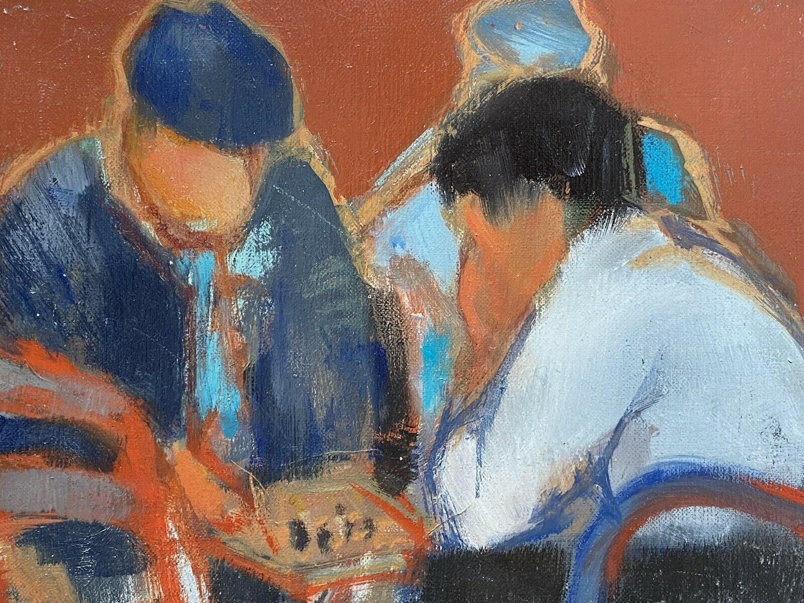 Unknownrene Leroy, French Modernist Oil Painting, Figures Hunched Over Board Game1900s photo furniture