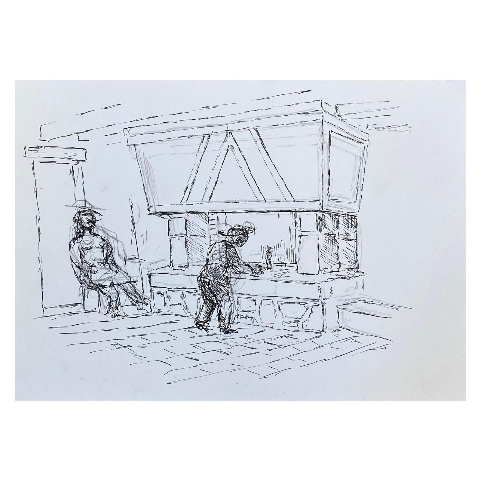 Unknown1950's French Modernist/ Cubist Drawing, Two Figures By The Fire Place1950