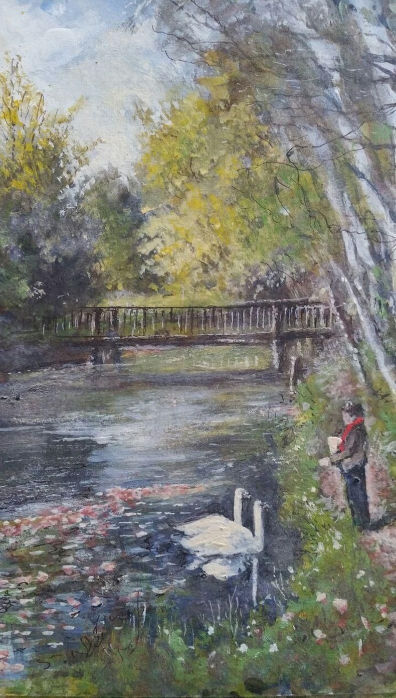 English  Schooltraditional English Painting Swans On River Molember East Molesey Surrey England20th Century photo for sale