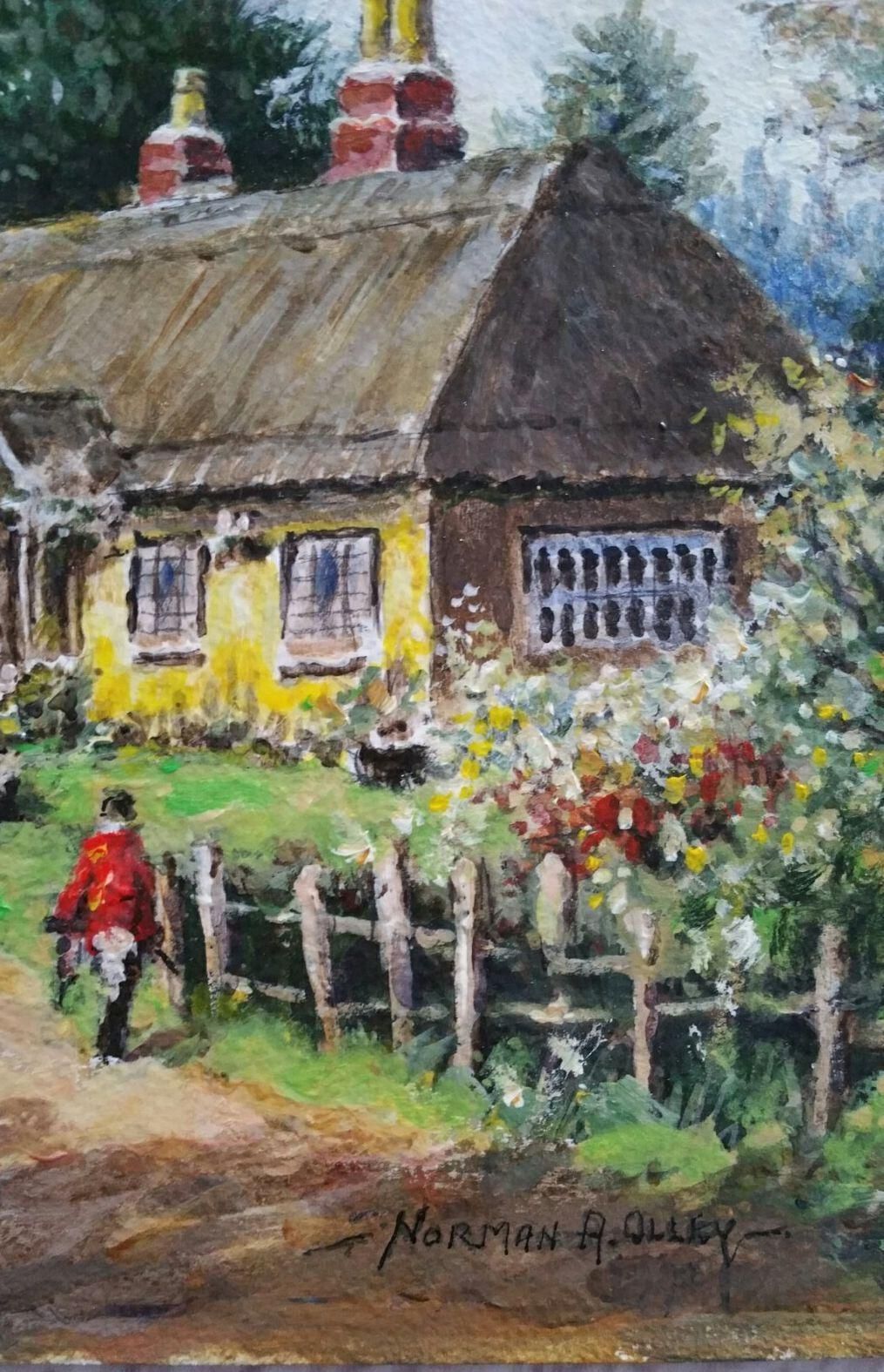 English  Schooltraditional English Painting Thatched Cottage Wrotham Hill, Kent, With Figures20th Century photo vinterior