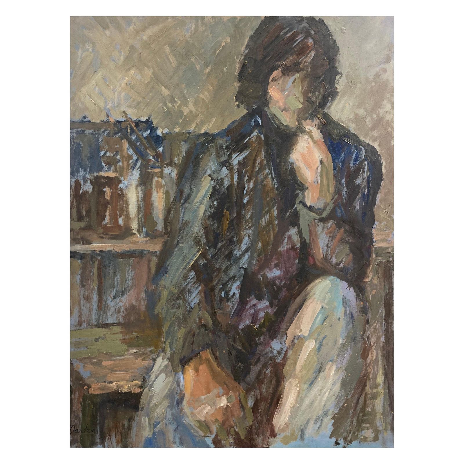 Unknownsigned Large 1960's British Original Oil Painting, The Man In The Blue Suitcirca 1960s