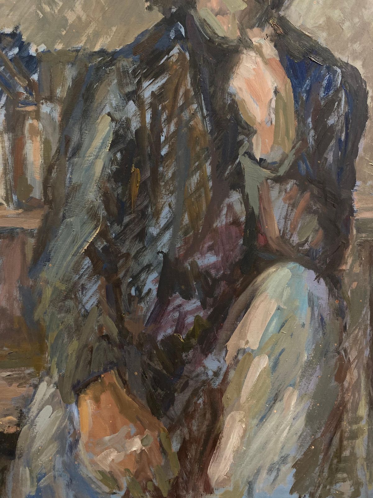Unknownsigned Large 1960's British Original Oil Painting, The Man In The Blue Suitcirca 1960s photo Art