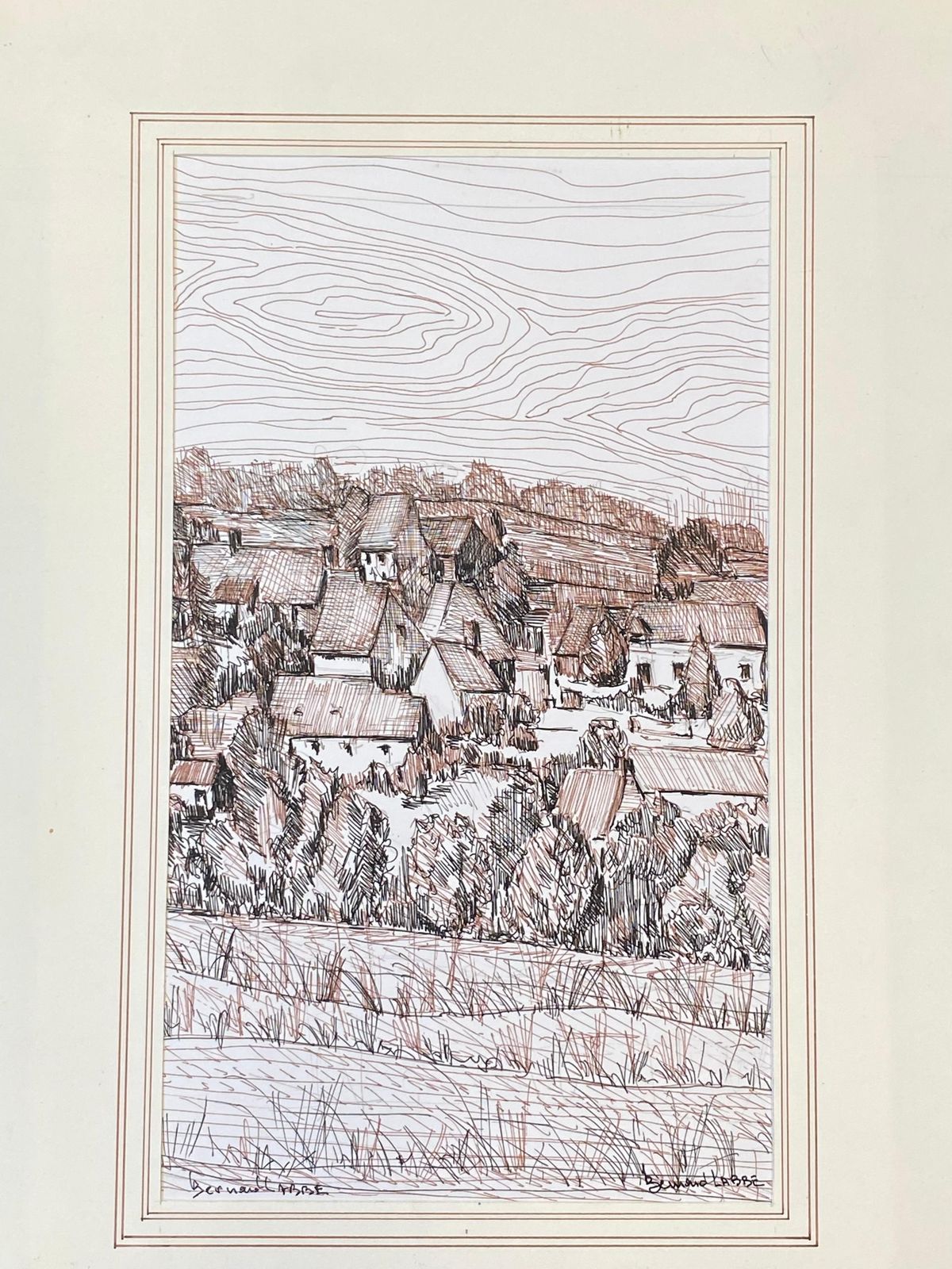 Unknown1950's French Modernist/ Cubist Painting Signed, Biro Drawing Of French Town1950 photo for sale