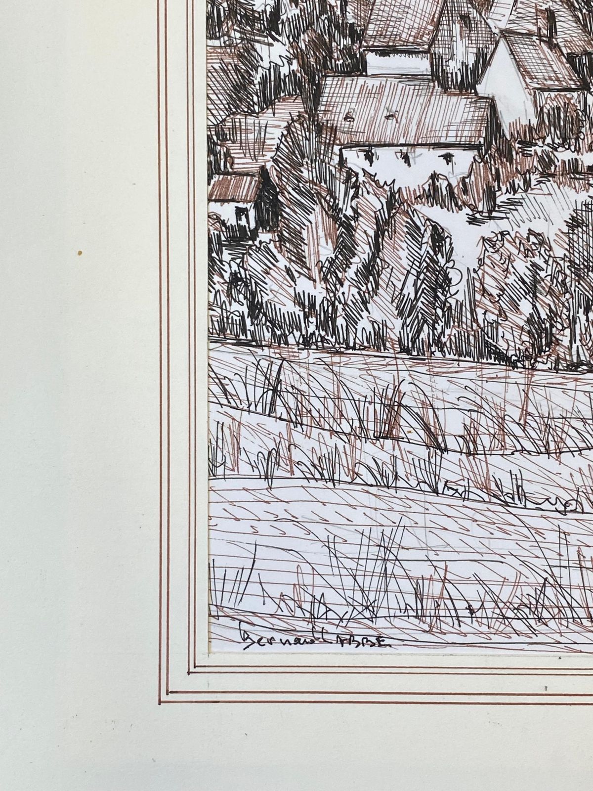 Unknown1950's French Modernist/ Cubist Painting Signed, Biro Drawing Of French Town1950 photo 194.0