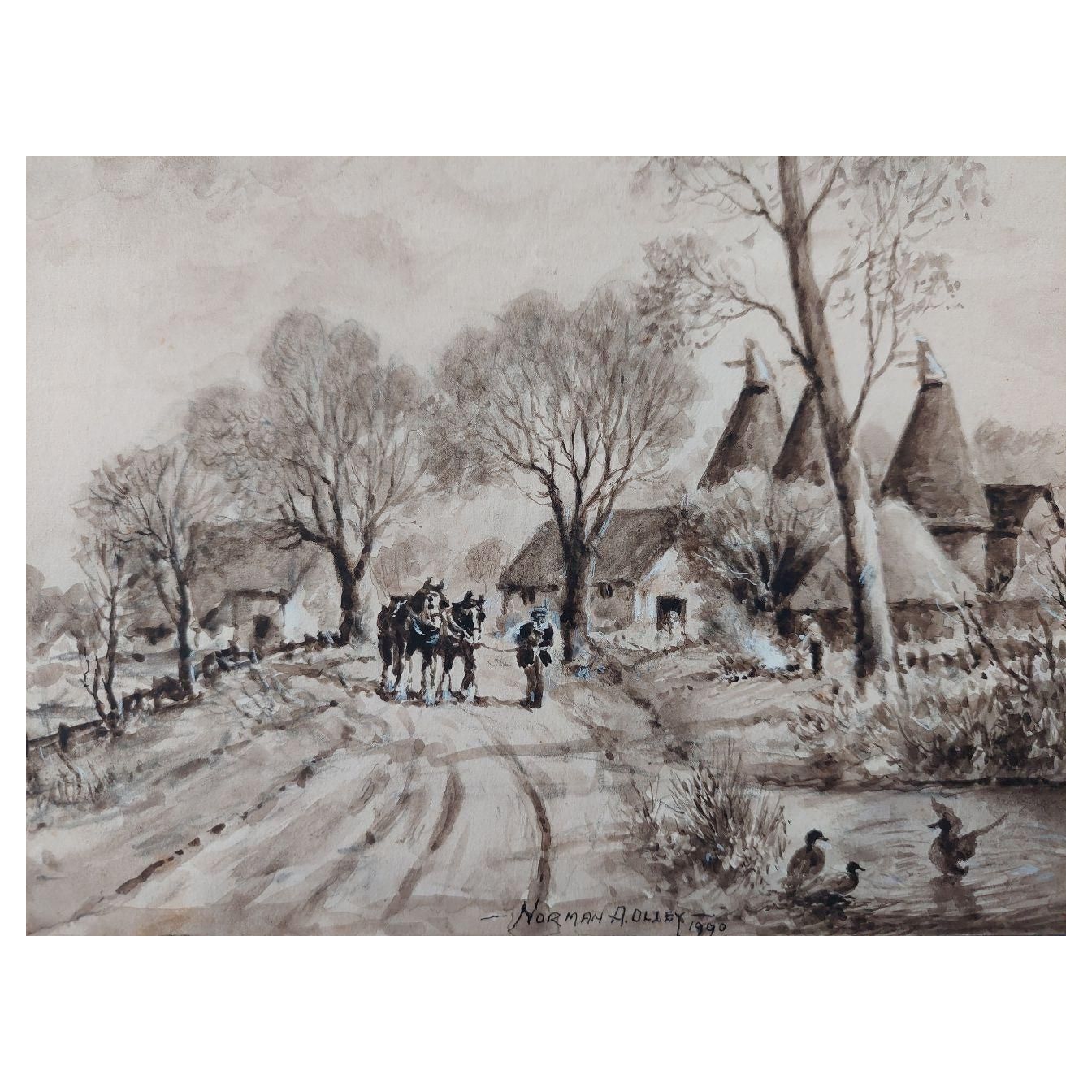 English  Schooltraditional English Painting Working Horses Returning Home In Kent20th Century