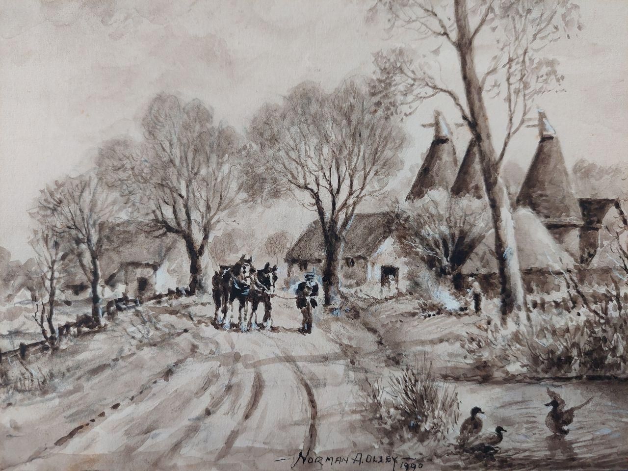 English  Schooltraditional English Painting Working Horses Returning Home In Kent20th Century photo Art