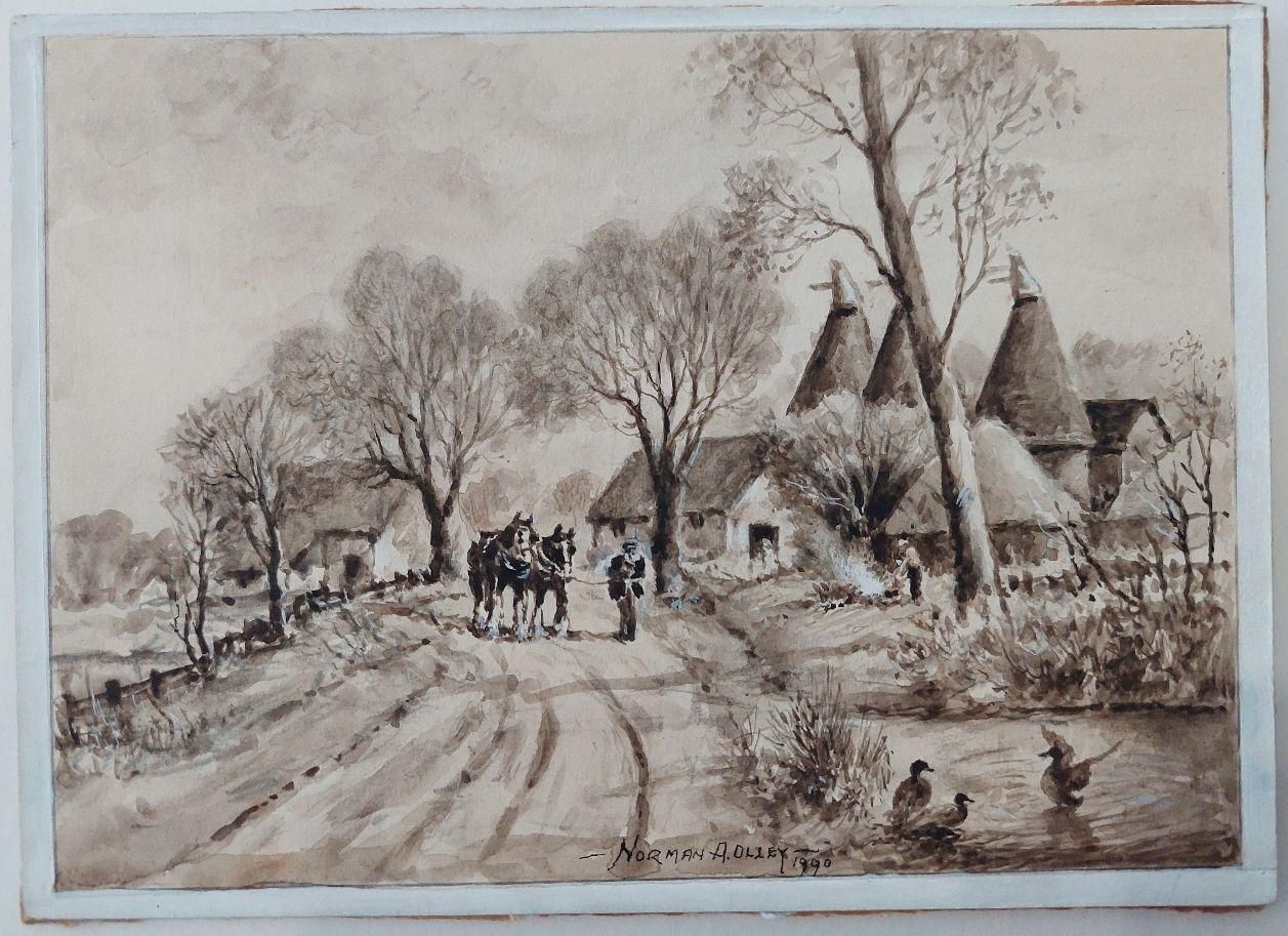 484.0 English  Schooltraditional English Painting Working Horses Returning Home In Kent20th Century photo
