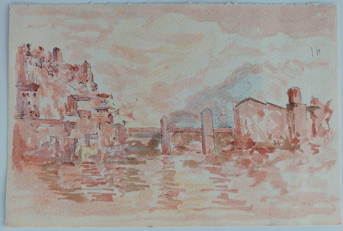 Bernard Labbe20th Century French Modernist Cubist Painting, French River Town20th Century photo for sale