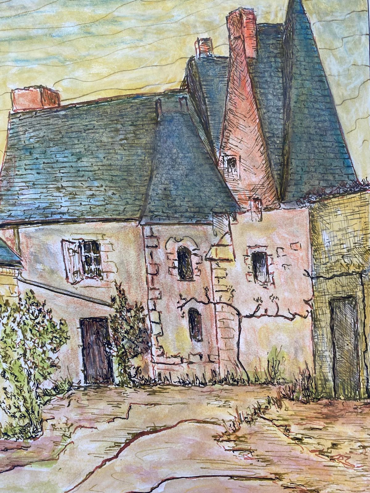 Unknown1950's French Modernist/ Cubist Painting Signed, Vintage French Building1950 photo furniture