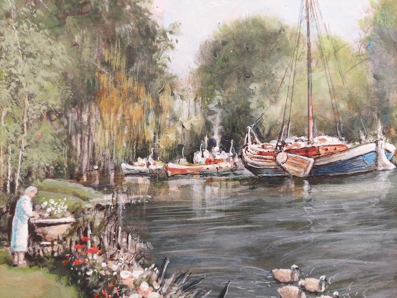 English  Schooltraditional English Painting Cottage By The River Thames Near London20th Century photo for sale
