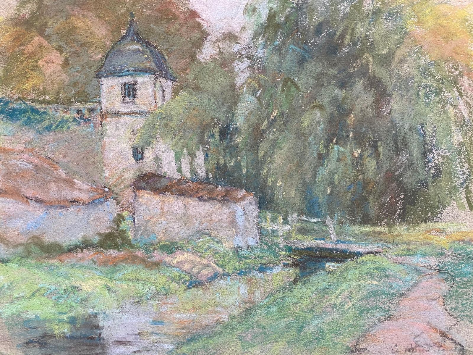 Unknownfine French Impressionist Pastel, Countryside Village Lane River And Treescirca 1947 photo furniture