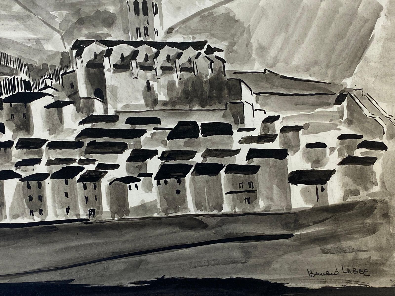 Unknown1950's French Modernist/ Cubist Signed Painting Black & White Village Landscape1950 photo 403.0