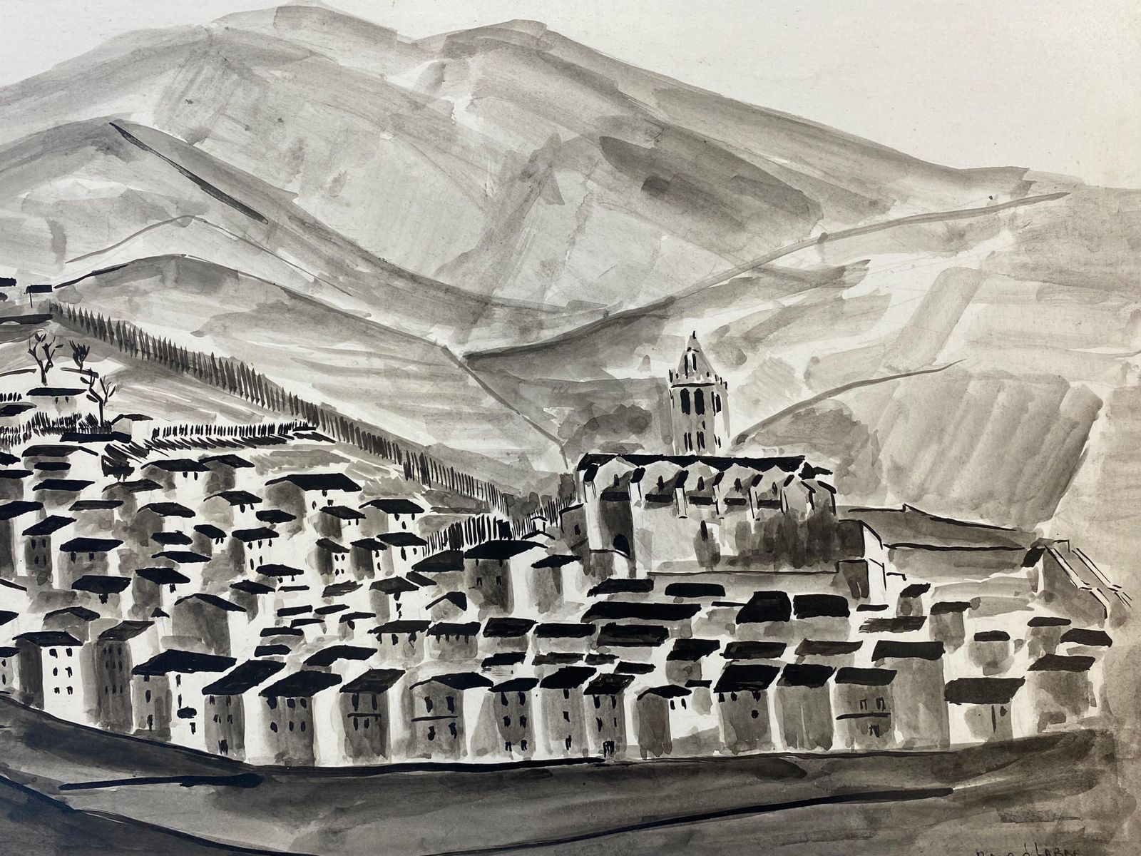 Unknown1950's French Modernist/ Cubist Signed Painting Black & White Village Landscape1950 photo vinterior