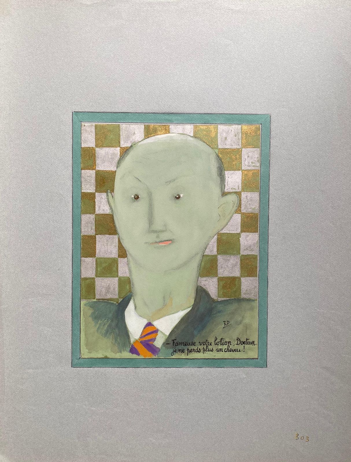 Unknown1960's French Portrait Bald Green Man Caricaturecirca 1960s photo furniture