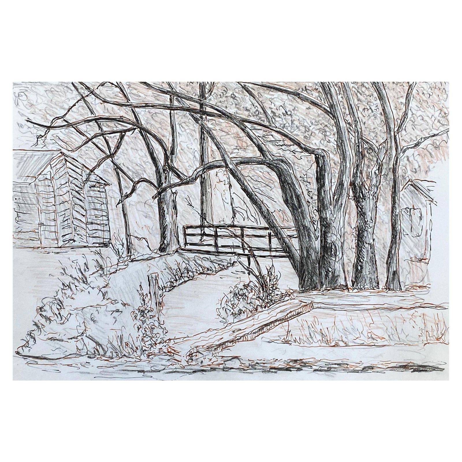 Unknown1950's French Modernist/ Cubist Drawing  The Bridge At The Stream1950