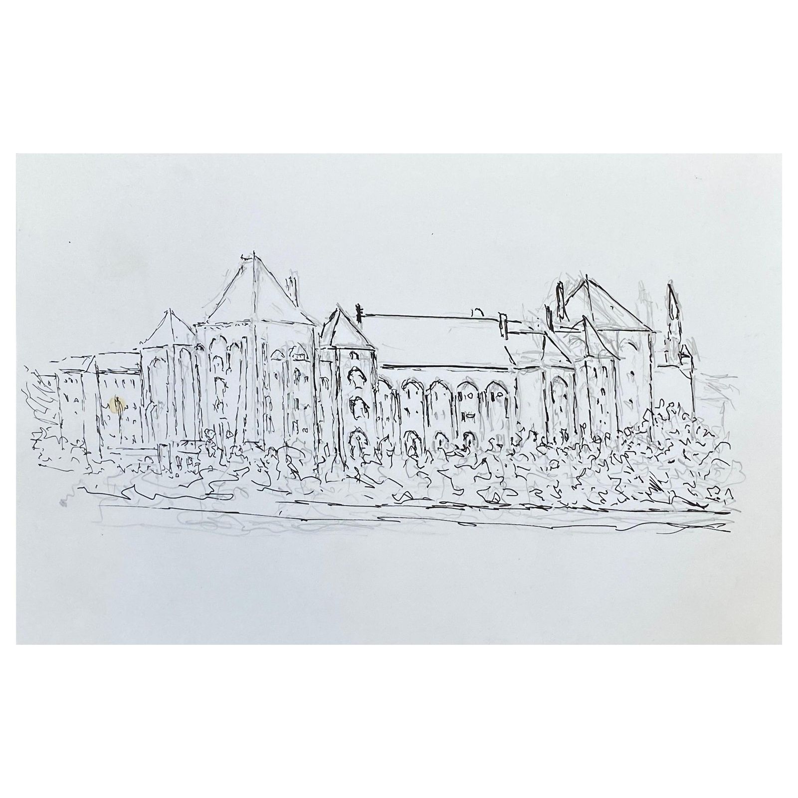 Unknown1950's French Modernist/ Cubist Drawing, Large Historic French Building1950